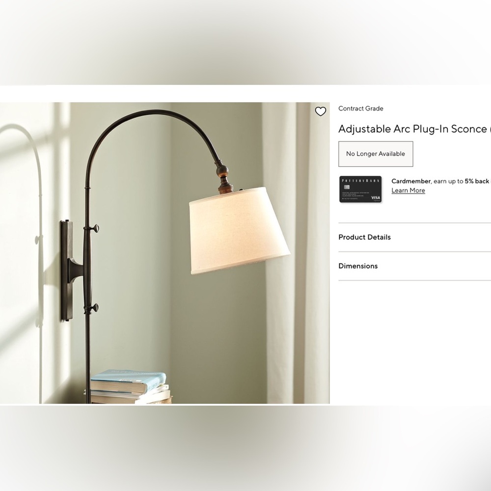 Brand New Pottery Barn Adjustable Arm Plug-In Wall Sconce with Shade, Bronze